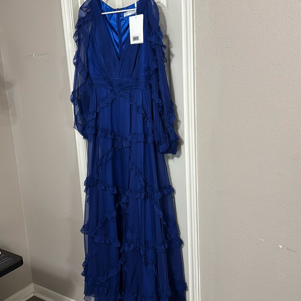 Royal blue Cascade Ruffle Puff Sleeve A Line Gown